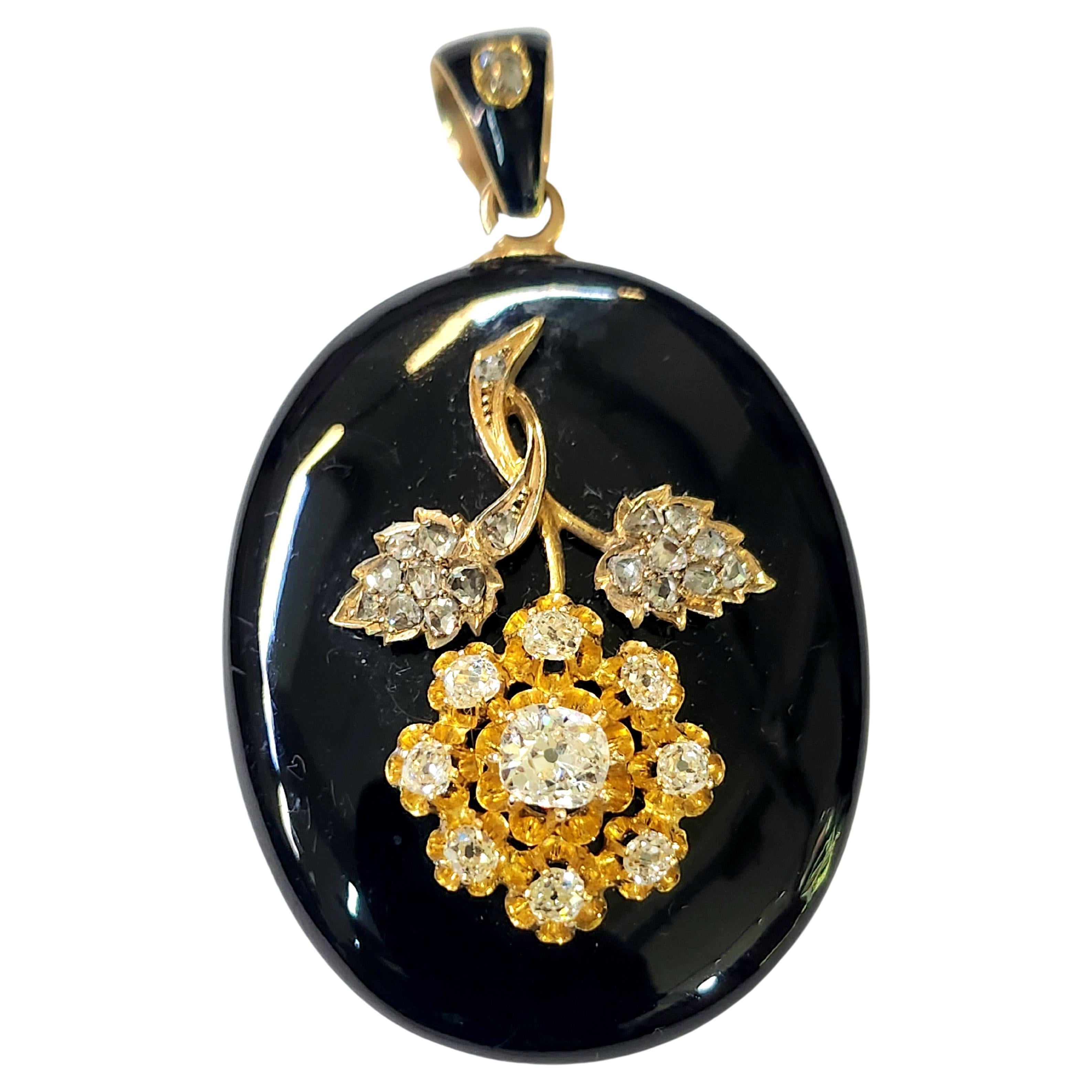 Antique Enamel Old Mine Cut Diamond Gold Pendant For Sale 1