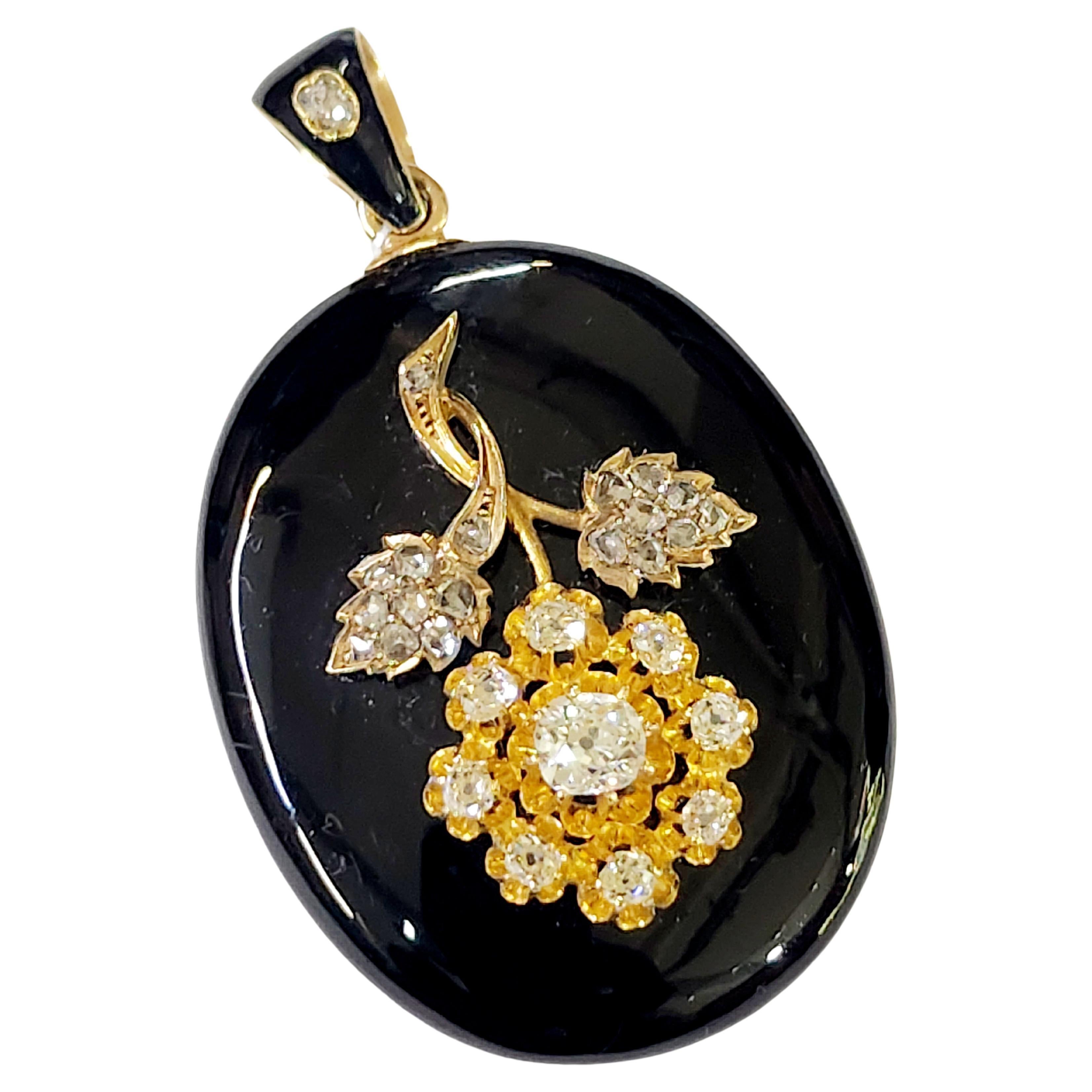 Antique Enamel Old Mine Cut Diamond Gold Pendant For Sale 2