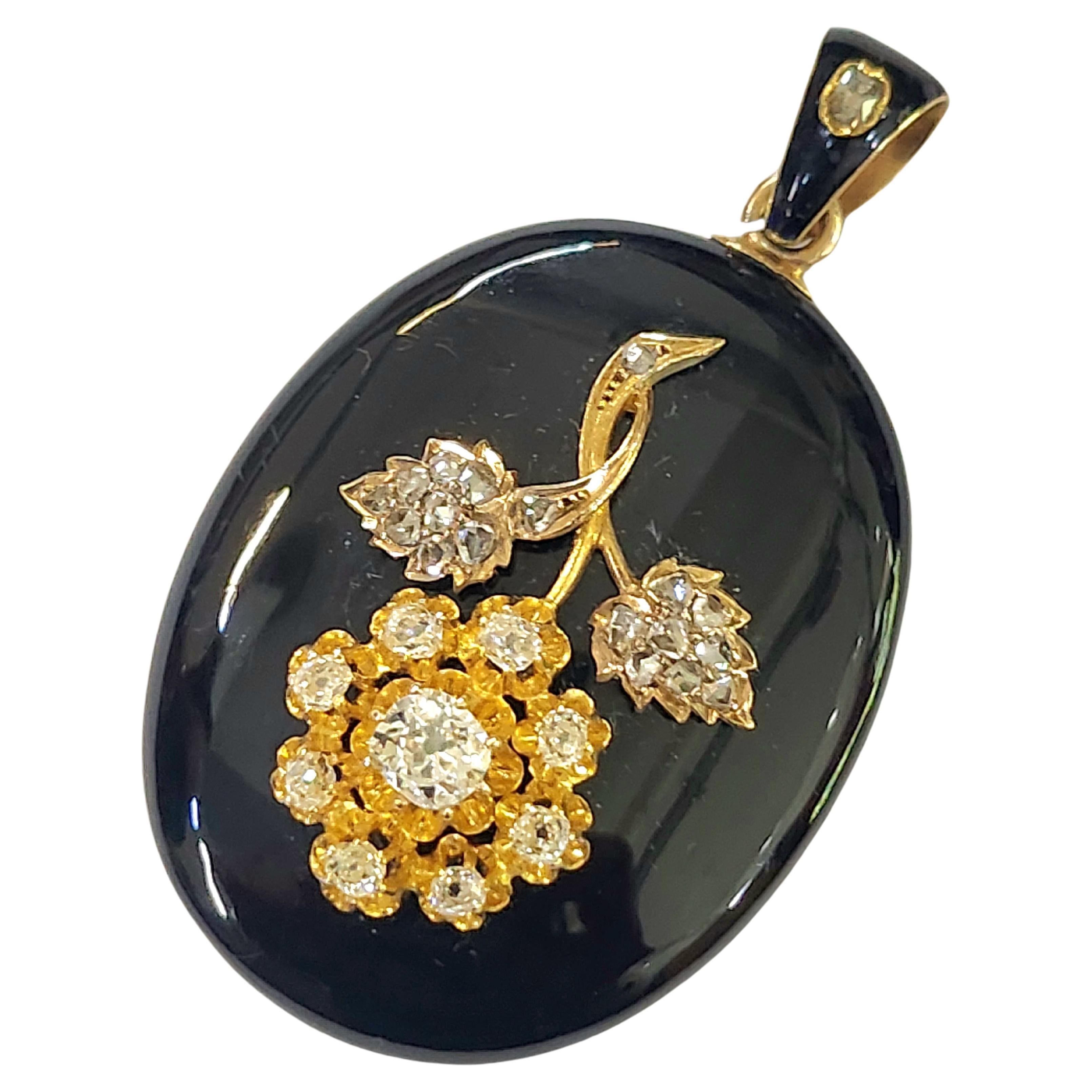 Antique Enamel Old Mine Cut Diamond Gold Pendant For Sale 3