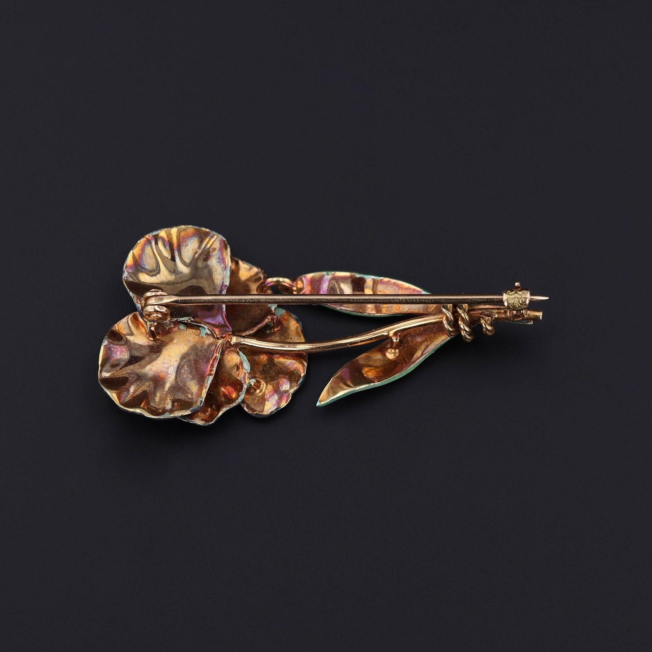 Antiguo broche de pensamiento esmaltado de oro de 14 quilates de Krementz & Co. Eduardiano en venta