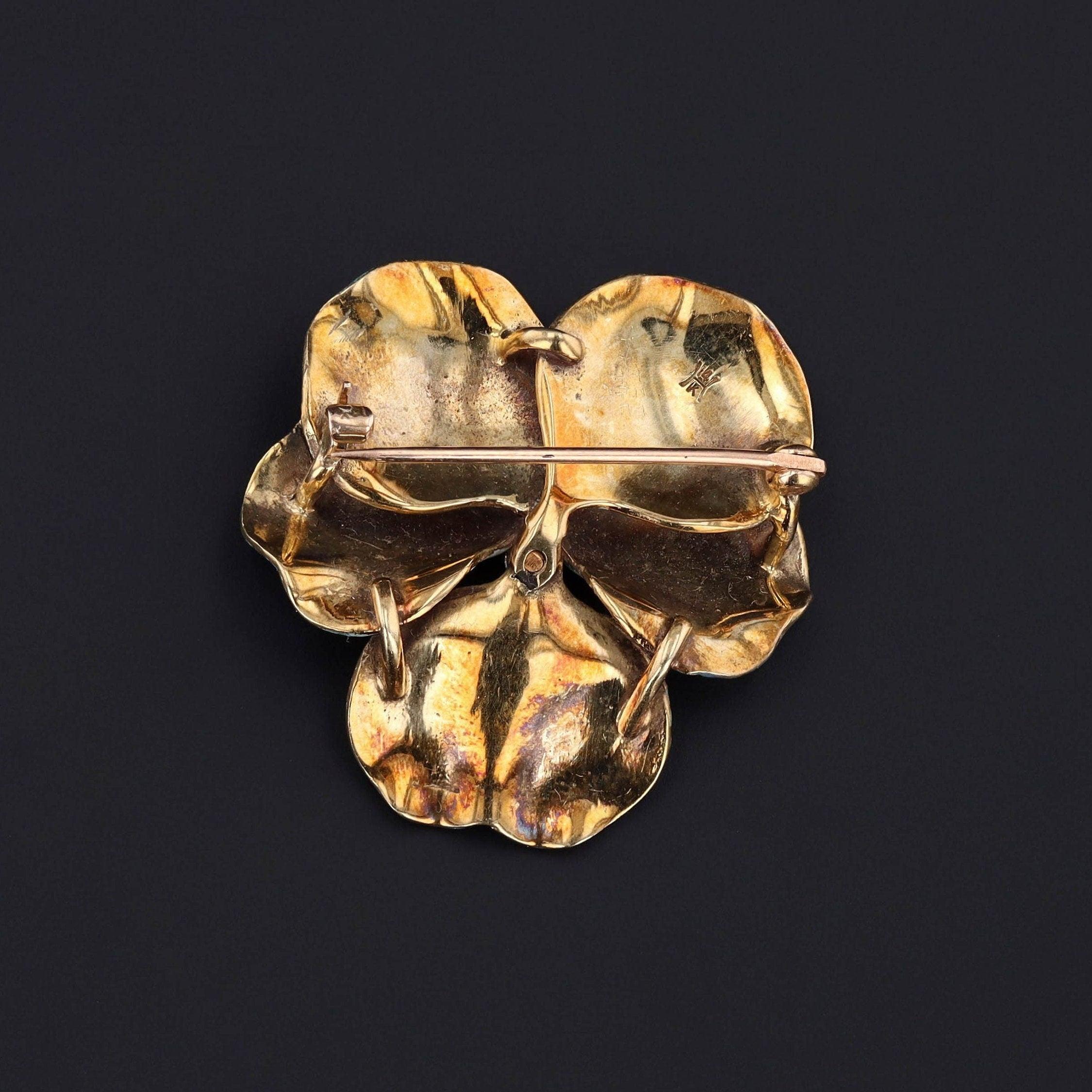 Round Cut Antique Enamel Pansy Brooch of 14k Gold For Sale