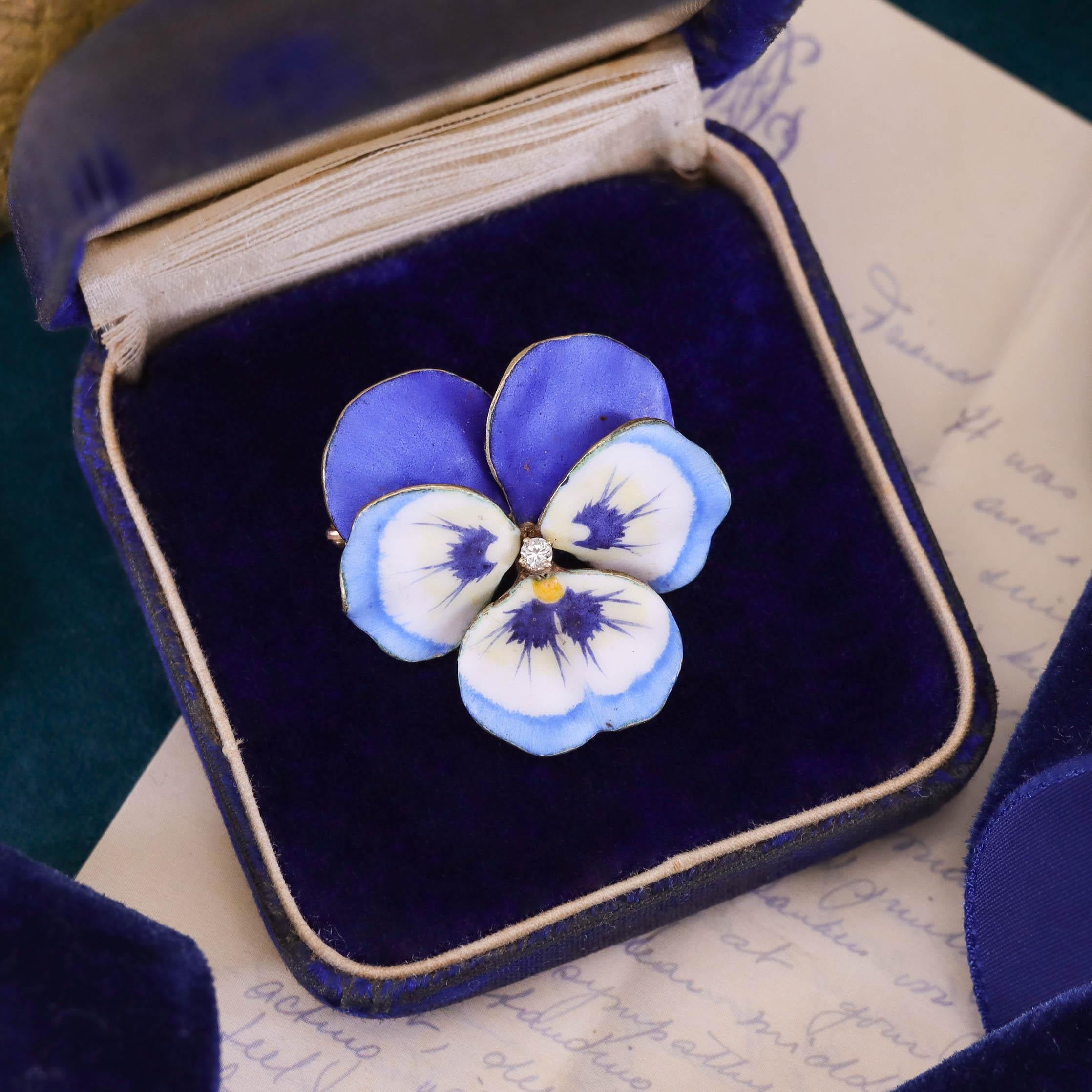 Women's Antique Enamel Pansy Brooch of 14k Gold For Sale