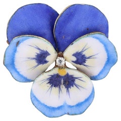 Antica spilla a forma di viola del pensiero in smalto in oro 14k