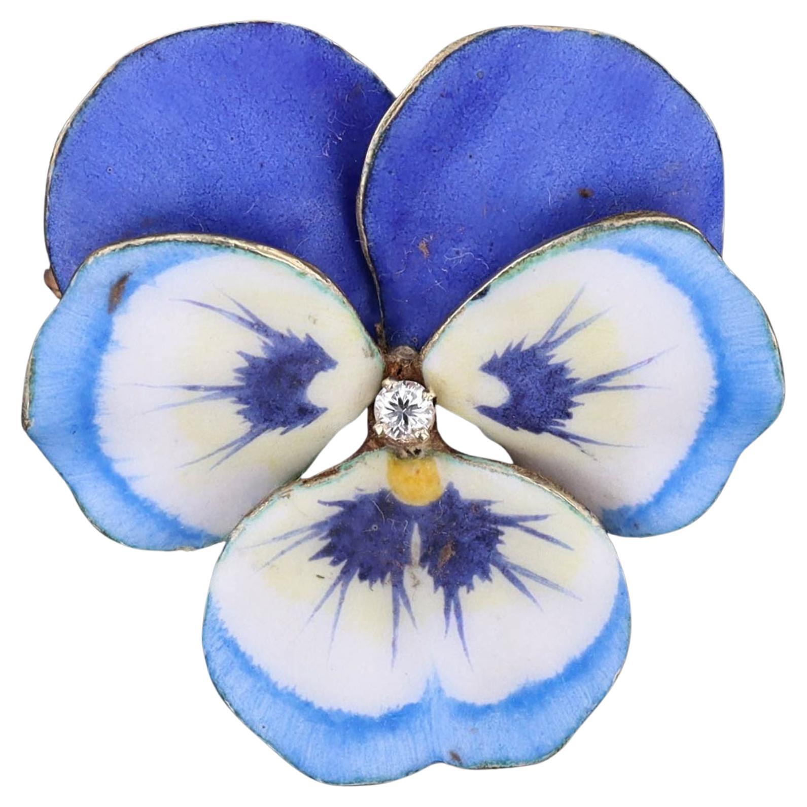 Antike Emaille Stiefmütterchen Brosche aus 14k Gold