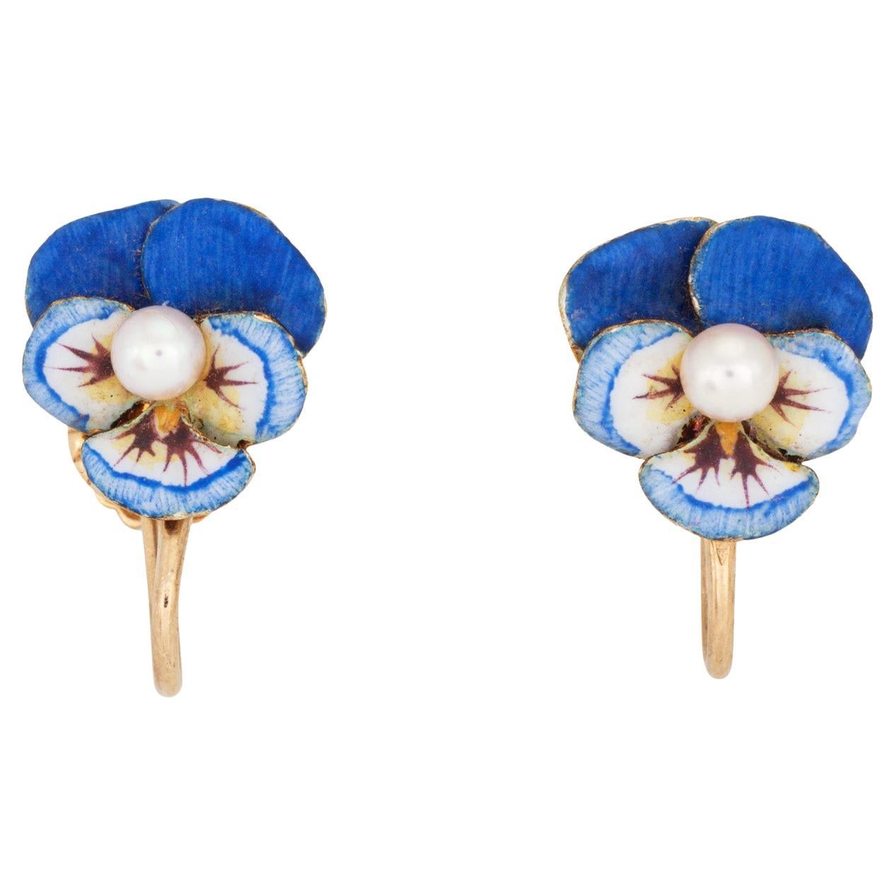 Antique Enamel Pansy Earrings Art Nouveau 14k Yellow Gold Larter & Sons Vintage