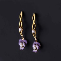 Antique Enamel Pansy Earrings of 14k Gold