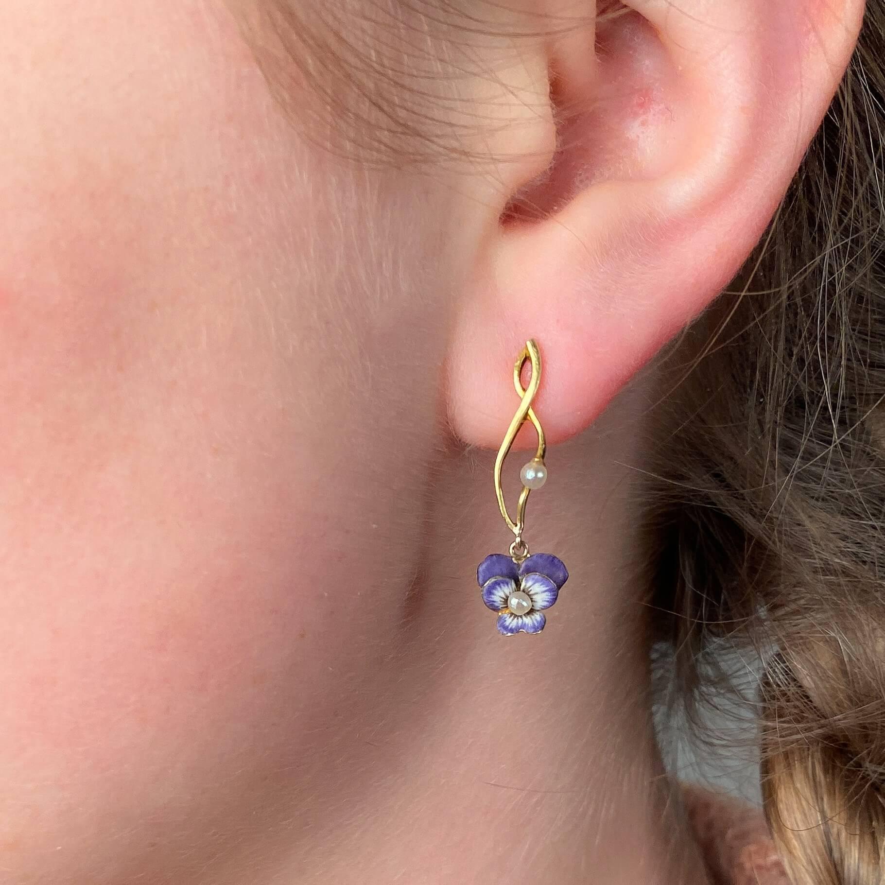 Boucles d'oreilles Panse en or 14k avec émail ancien Pour femmes en vente