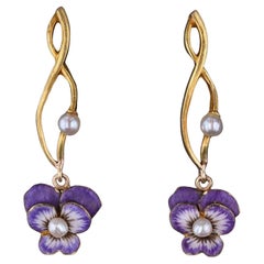 Orecchini antichi con smalto a forma di viola del pensiero in oro 14k