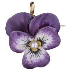 Antique Enamel Pansy Pendant Brooch of 14k Gold