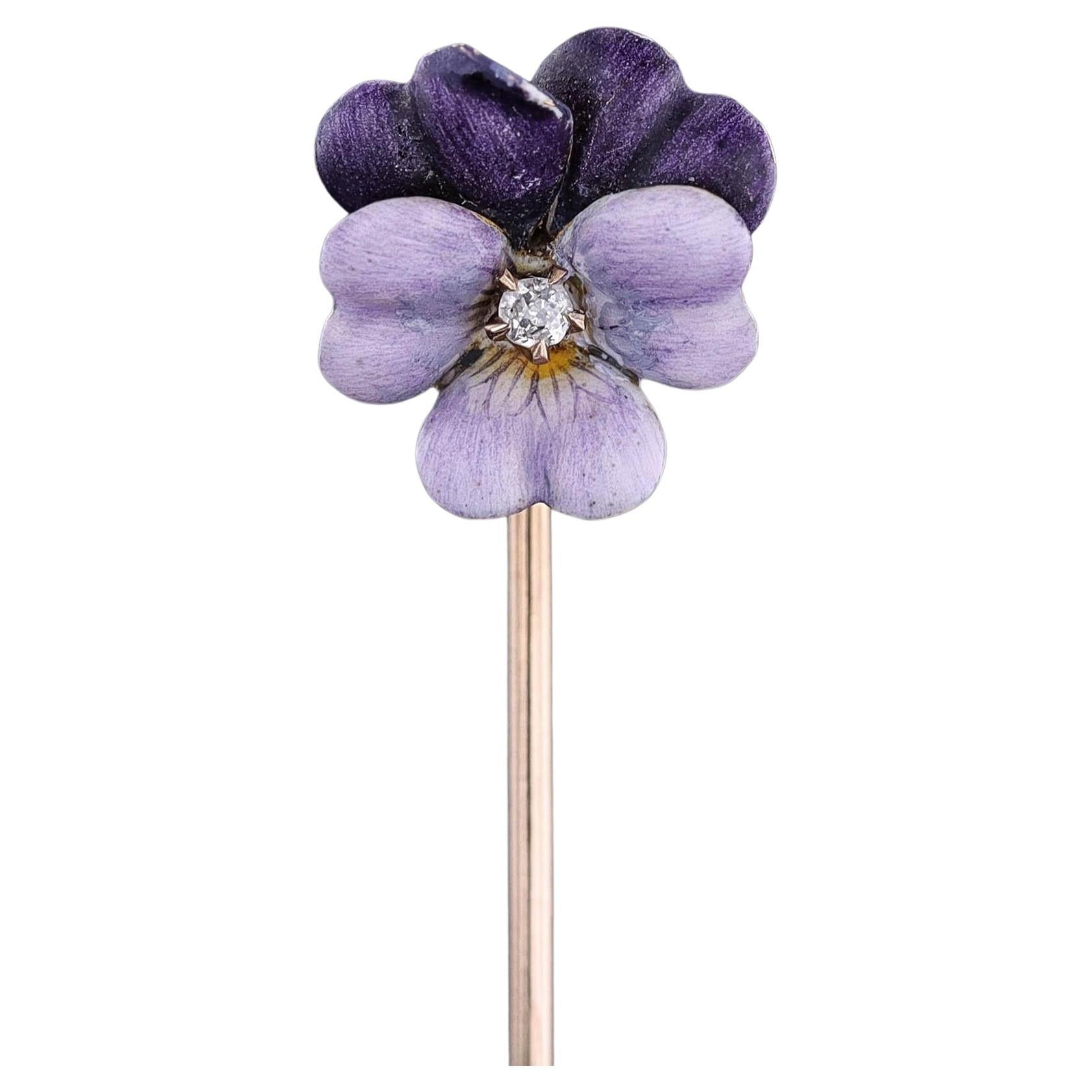 Antique Enamel Pansy Stickpin of 14k Gold