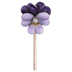 Antique Enamel Pansy Stickpin of 14k Gold