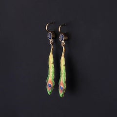Antique Enamel Peacock Feather and Sapphire Conversion Earrings of 14k Gold