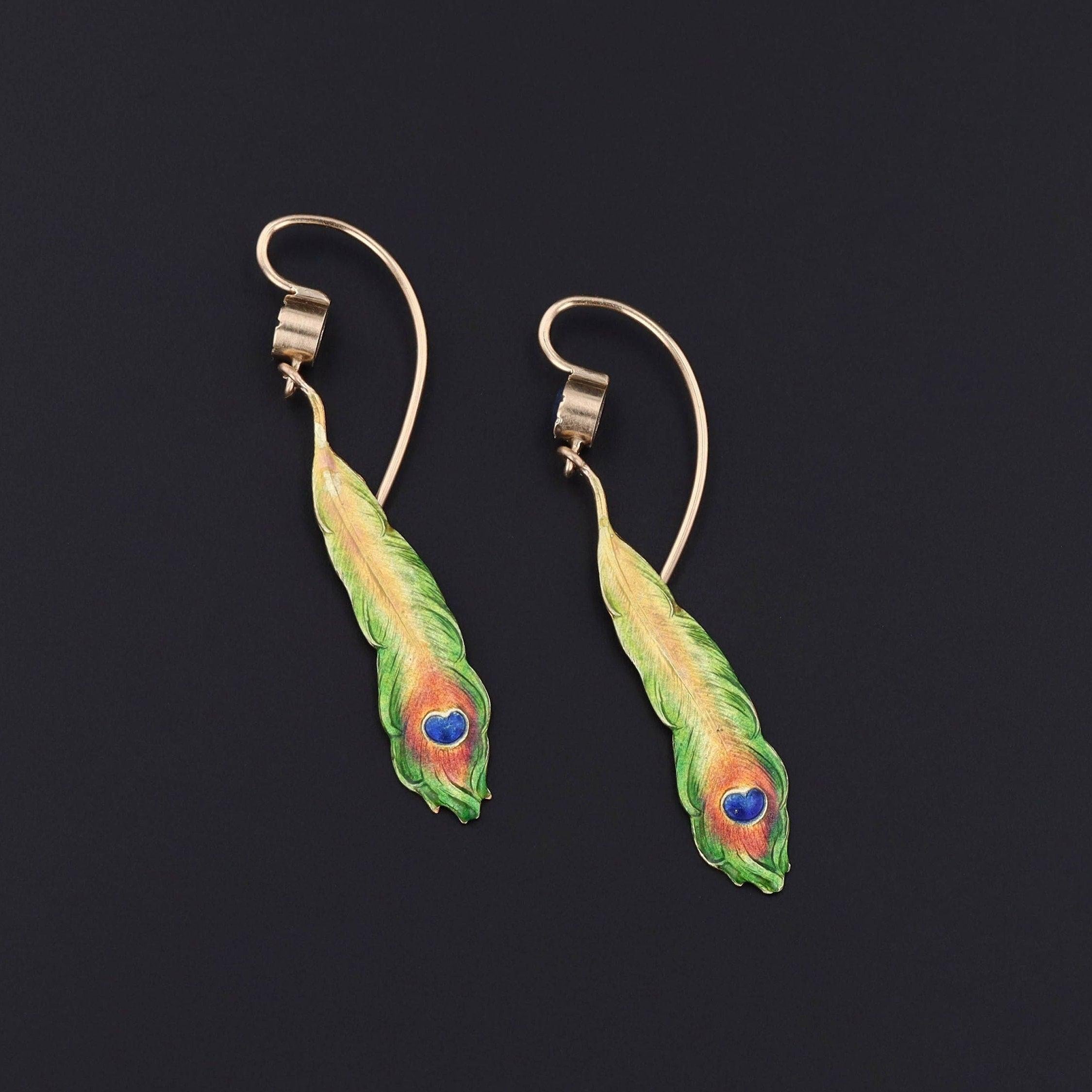 Round Cut Antique Enamel Peacock Feather and Sapphire Conversion Earrings of 14k Gold For Sale