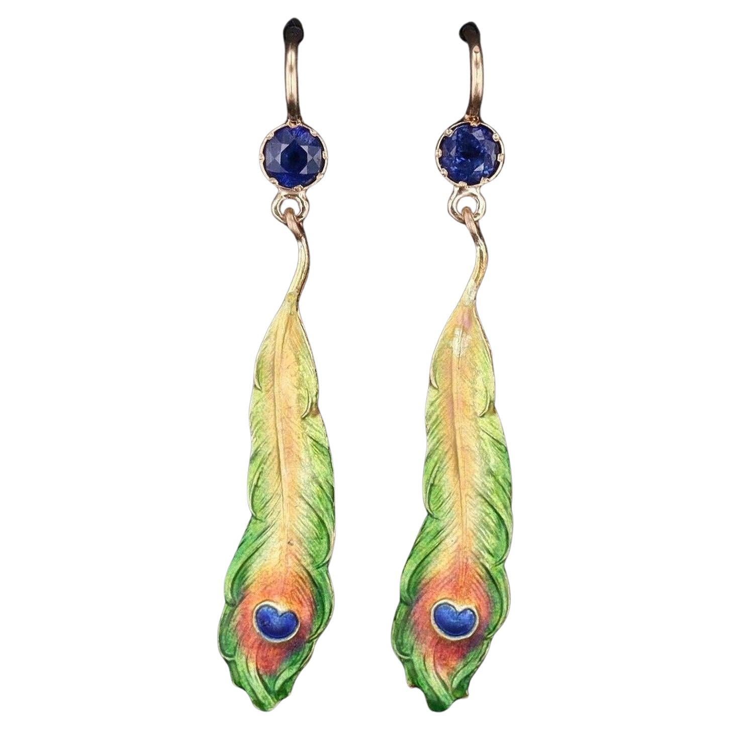 Antique Enamel Peacock Feather and Sapphire Conversion Earrings of 14k Gold