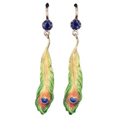Antique Enamel Peacock Feather and Sapphire Conversion Earrings of 14k Gold