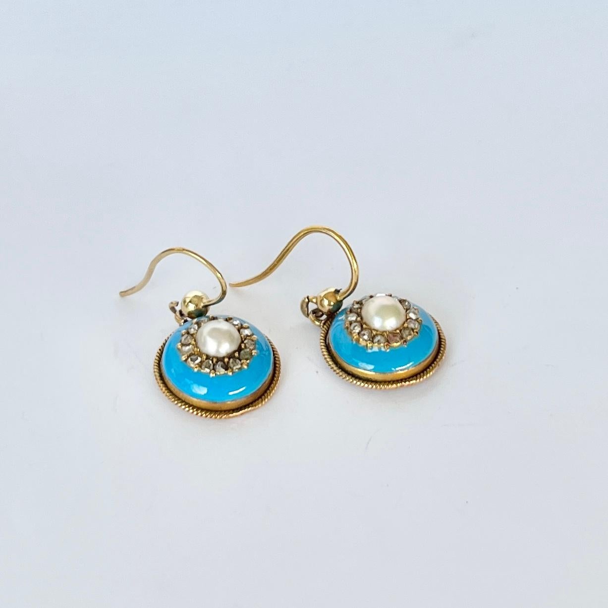 Antique Enamel, Pearl and Rose Cut Diamond Earrings In Good Condition For Sale In Chipping Campden, GB