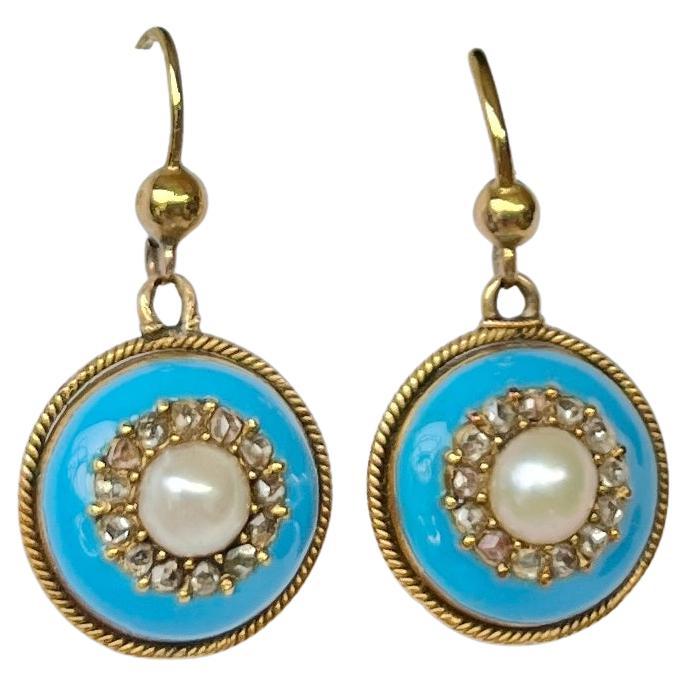 Antique Enamel, Pearl and Rose Cut Diamond Earrings For Sale