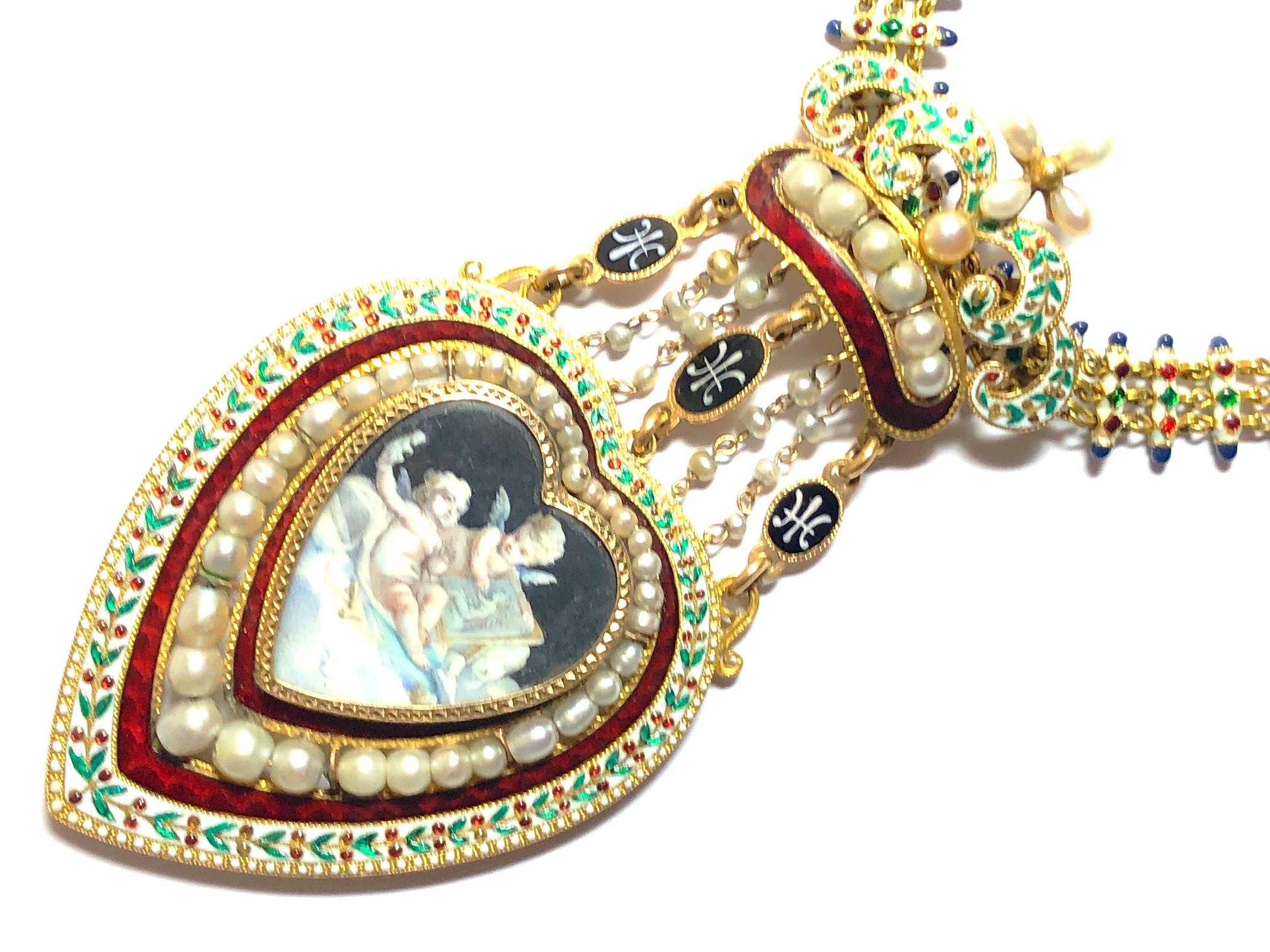 Antique Enamel Pearl Cherub Locket Necklace 1