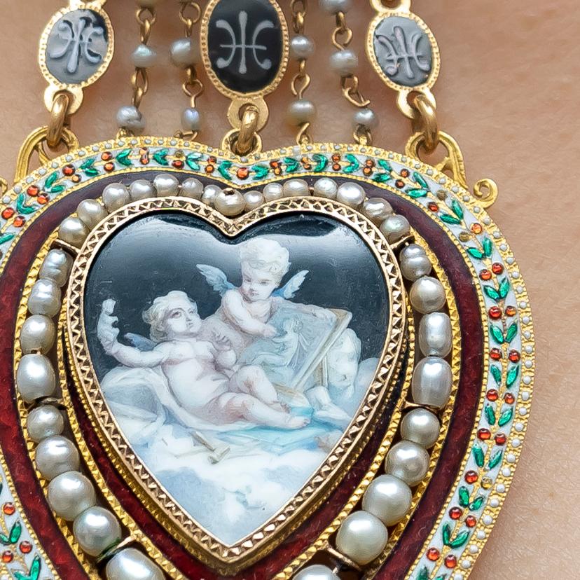Victorian Antique Enamel Pearl Cherub Locket Necklace