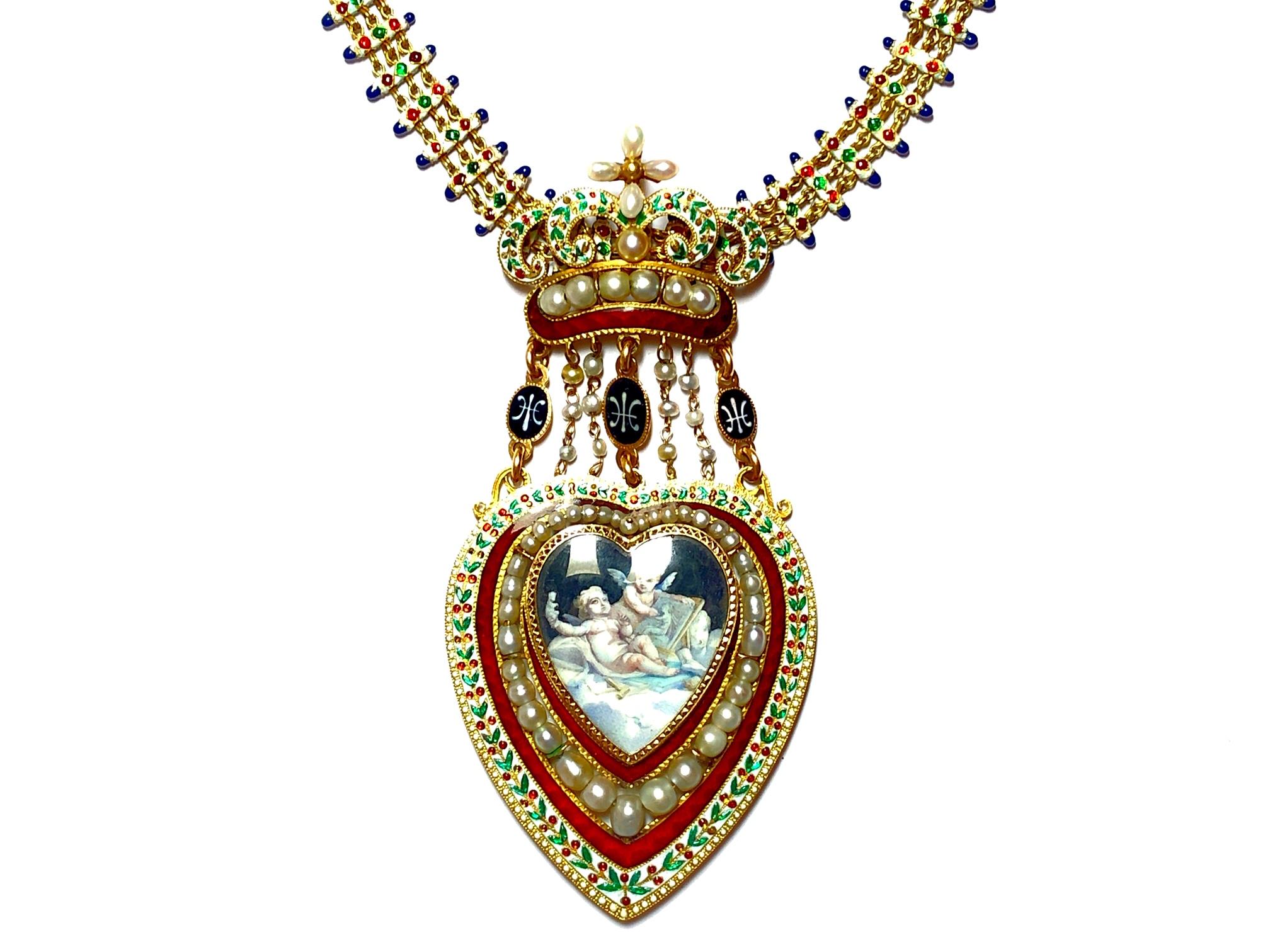 Antique Enamel Pearl Cherub Locket Necklace 2