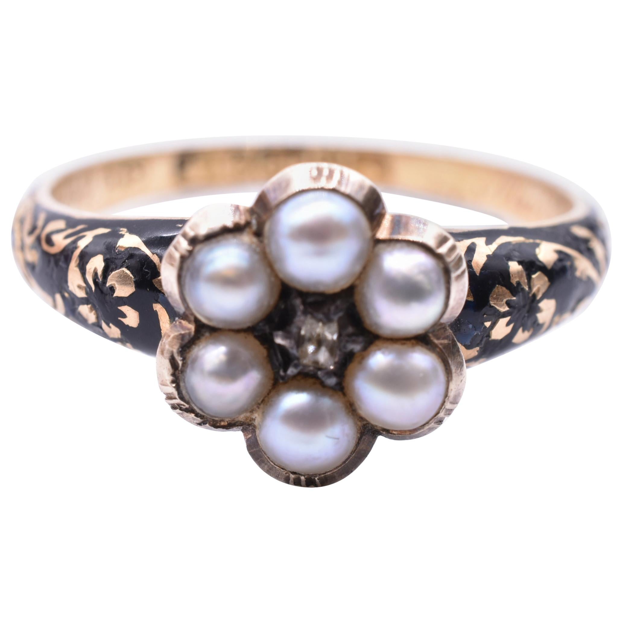 Antique Enamel, Pearl Cluster, Diamond and Gold Memorial Forget-Me-Not Ring