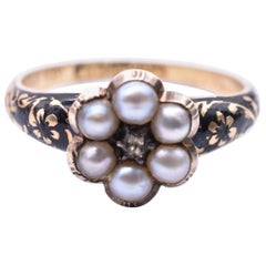 Antiker antiker Emaille-, Perlen-Cluster-, Diamant- und Goldring Forget-Me-Not