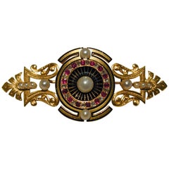 Antique Enamel Pearl Ruby Diamond Brooch