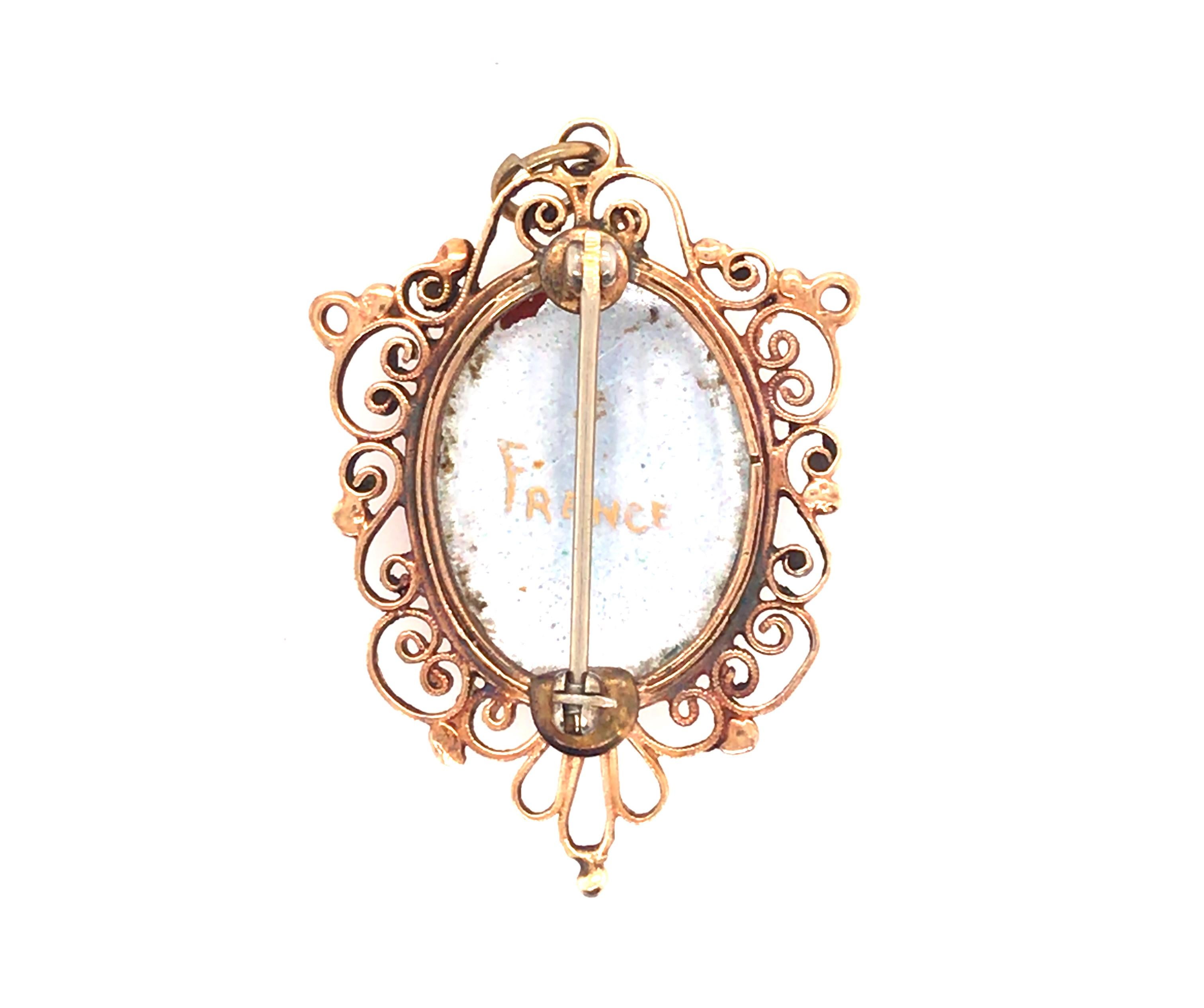 Antique Enamel Pendant Pin Brooch Gold Victorian French Original 1880's-1890's In Excellent Condition For Sale In Dearborn, MI