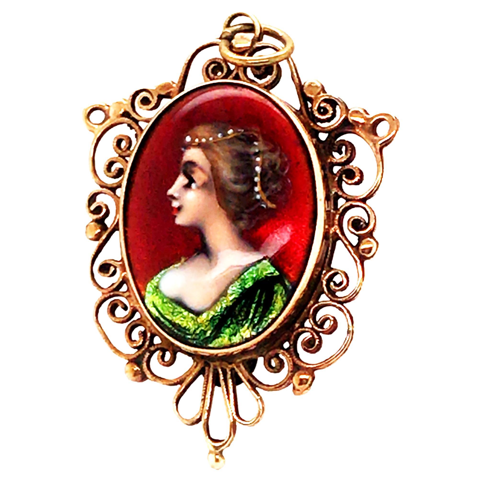 Antique Enamel Pendant Pin Brooch Gold Victorian French Original 1880's-1890's For Sale