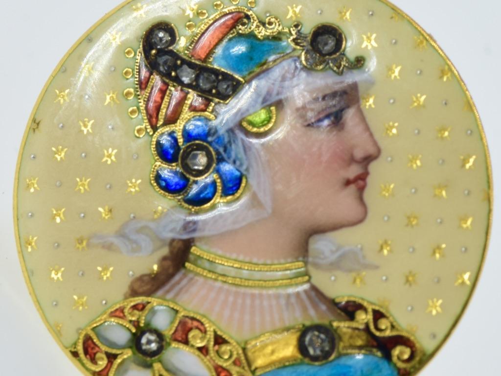 Antique enamel brooch, 18K, Renaissance Revival, c. 1880. Slightly more than 1 inch in diameter, this brooch has French import marks both on the 'c' clasp as well as on the pin stem. The piece bears no gold marks, however it would not be allow to