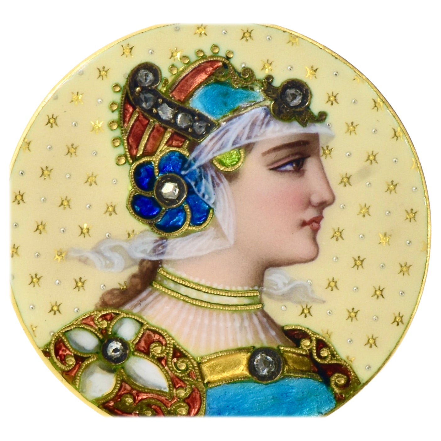 Antique Enamel, Rose Cut Diamond 18K Brooch  Renaissance Revival, c. 1880. For Sale