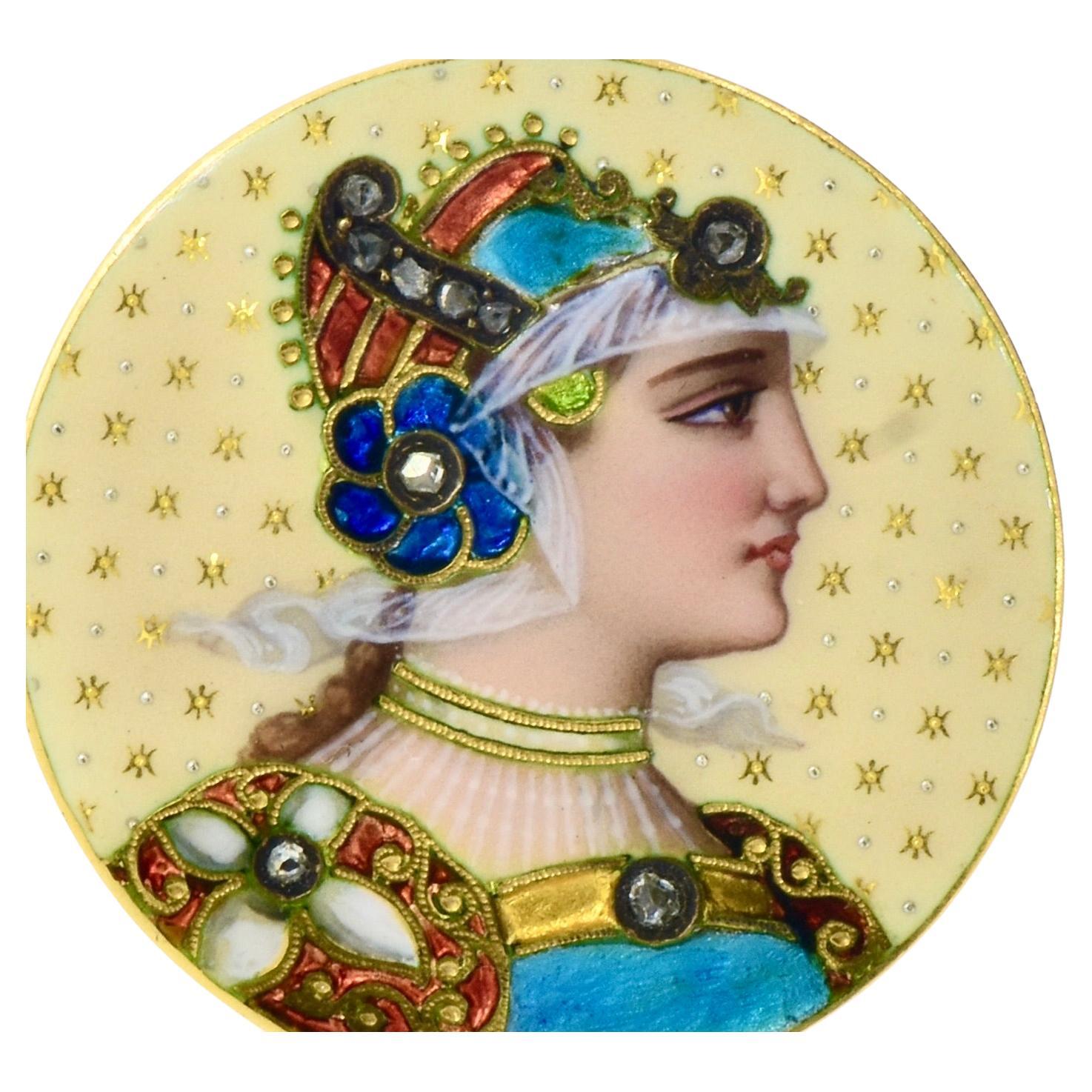 Antique Enamel, Rose Cut Diamond 18K Brooch  Renaissance Revival, c. 1880.