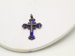 Antique Enamel Rose Diamond Silver Gold Cross Pendant