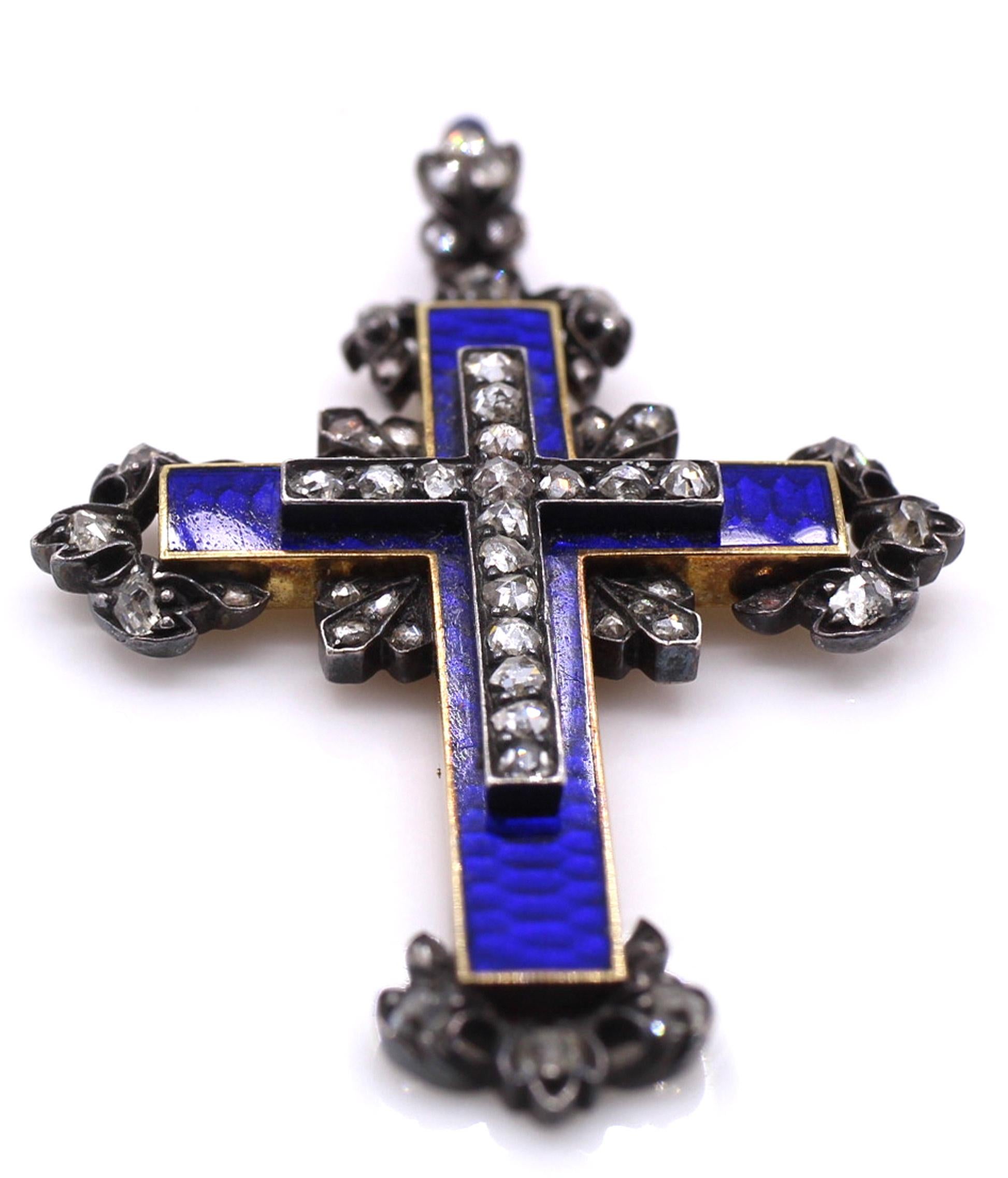 Rose Cut Antique Enamel Rose Diamond Silver Gold Cross Pendant For Sale