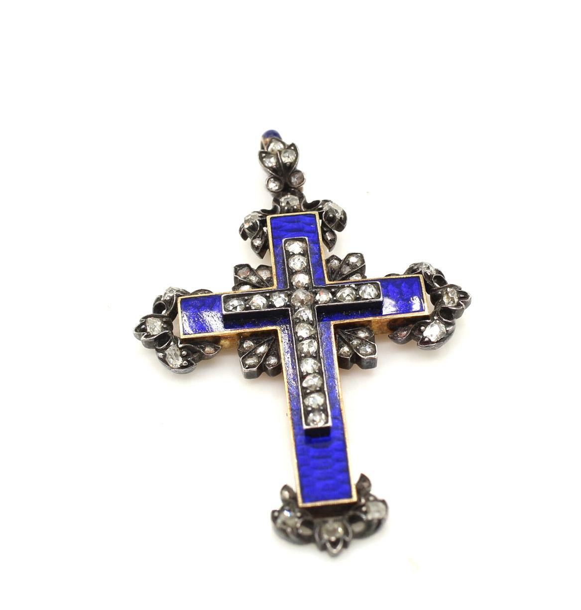 Antique Enamel Rose Diamond Silver Gold Cross Pendant In Good Condition For Sale In New York, NY