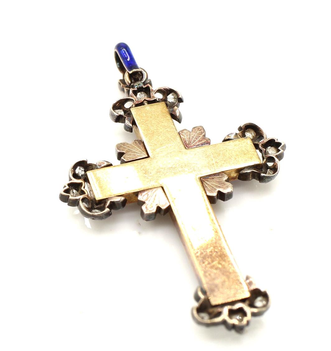 Women's or Men's Antique Enamel Rose Diamond Silver Gold Cross Pendant For Sale