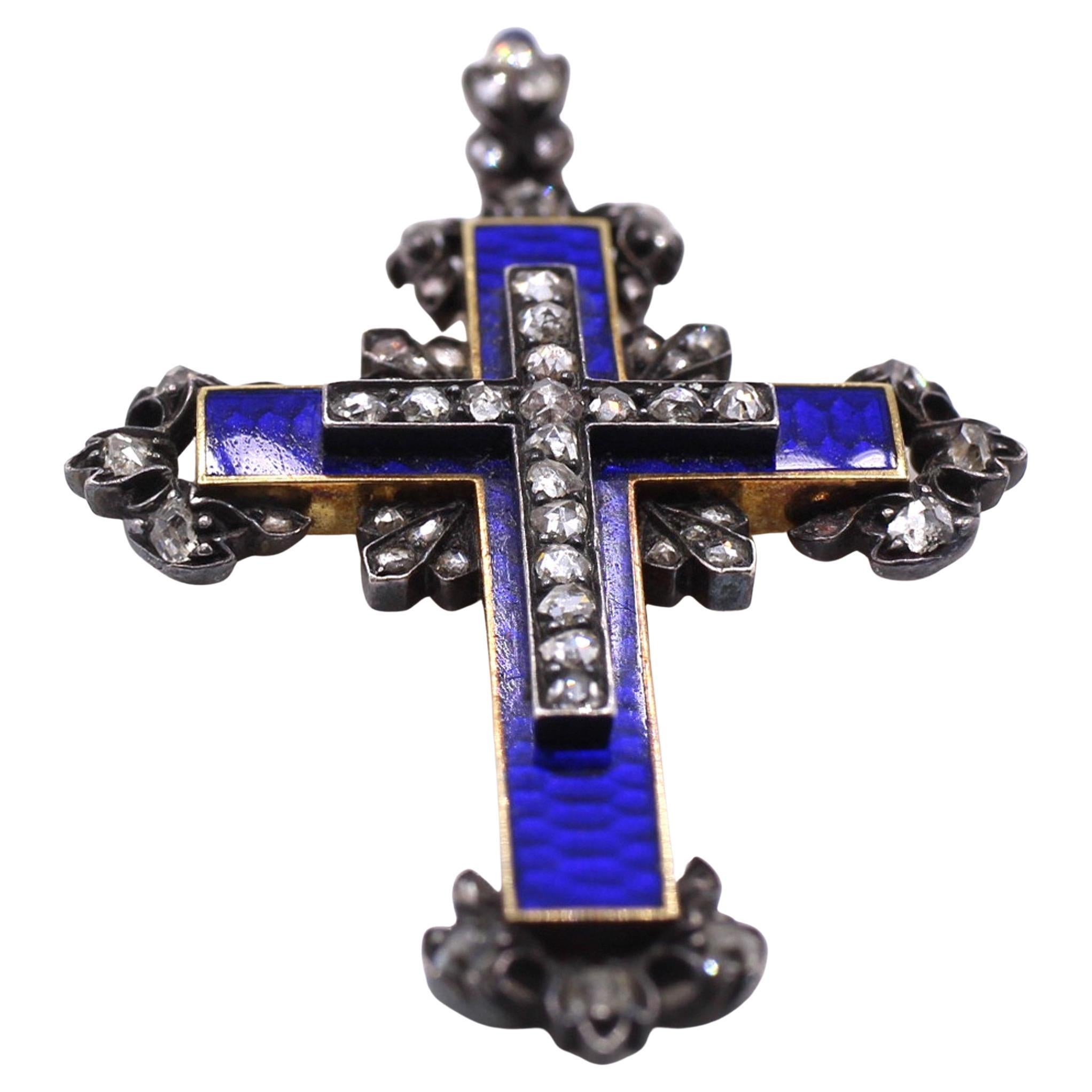 Antique Enamel Rose Diamond Silver Gold Cross Pendant
