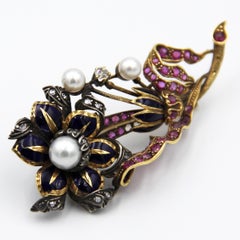 Antique Enamel, Sapphire, Natural Pearl and Diamond Flower Brooch