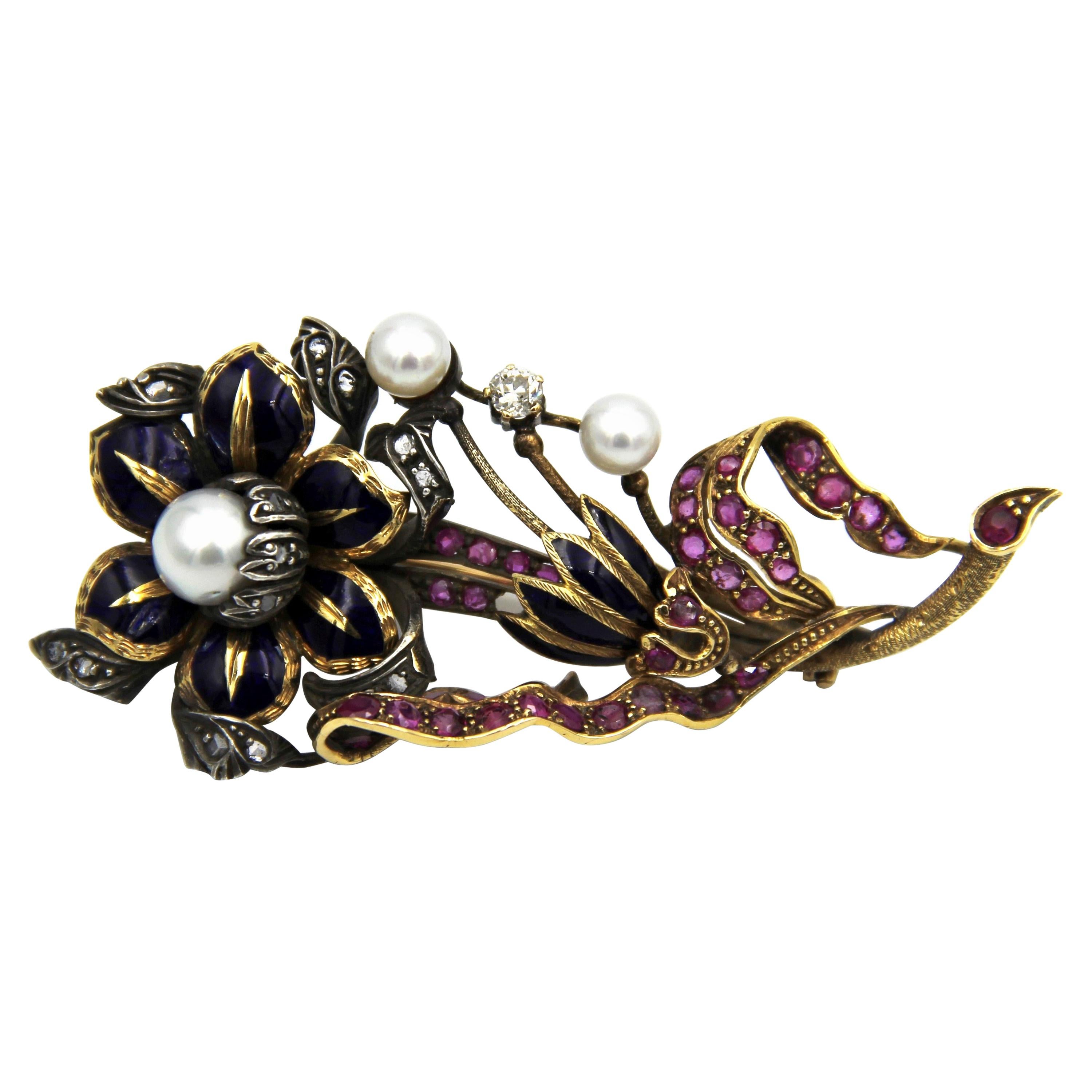 Antique Enamel, Sapphire, Natural Pearl and Diamond Flower Brooch