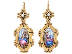 Antique Enamel, Seed Pearl and 18k Yellow Gold Earrings Circa 1900