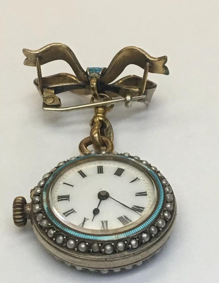 Antique Enamel, Seeded Pearl Brooch Fob Watch at 1stDibs