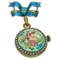 Antique Enamel, Seeded Pearl Brooch Fob Watch