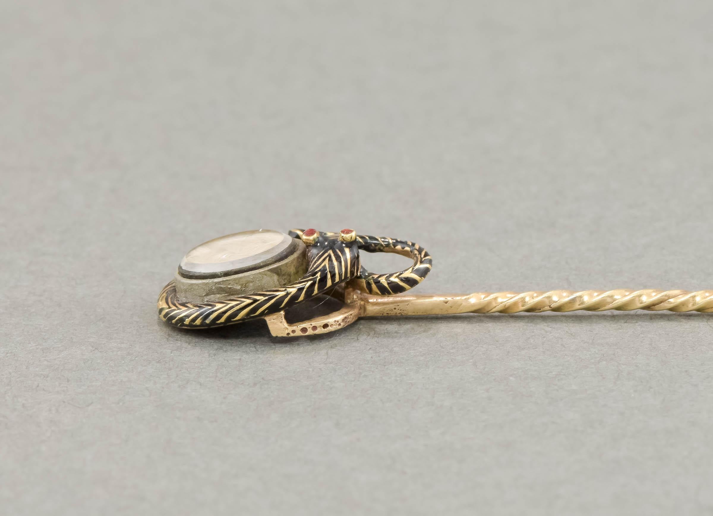 Antique Enamel Snake Mourning Stick Pin with Hair Locket, Inscribed 1852 For Sale 2