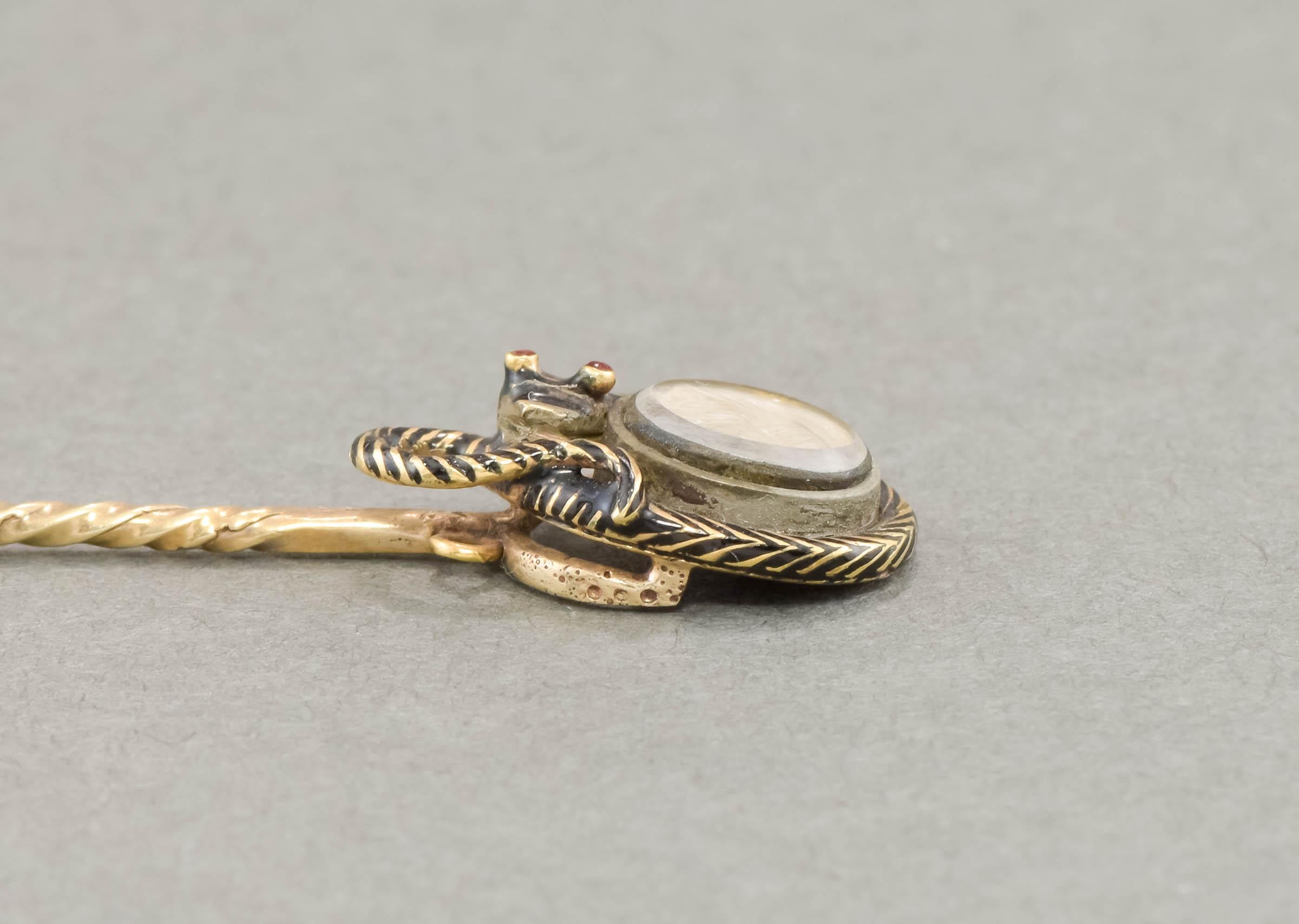 Antique Enamel Snake Mourning Stick Pin with Hair Locket, Inscribed 1852 For Sale 3