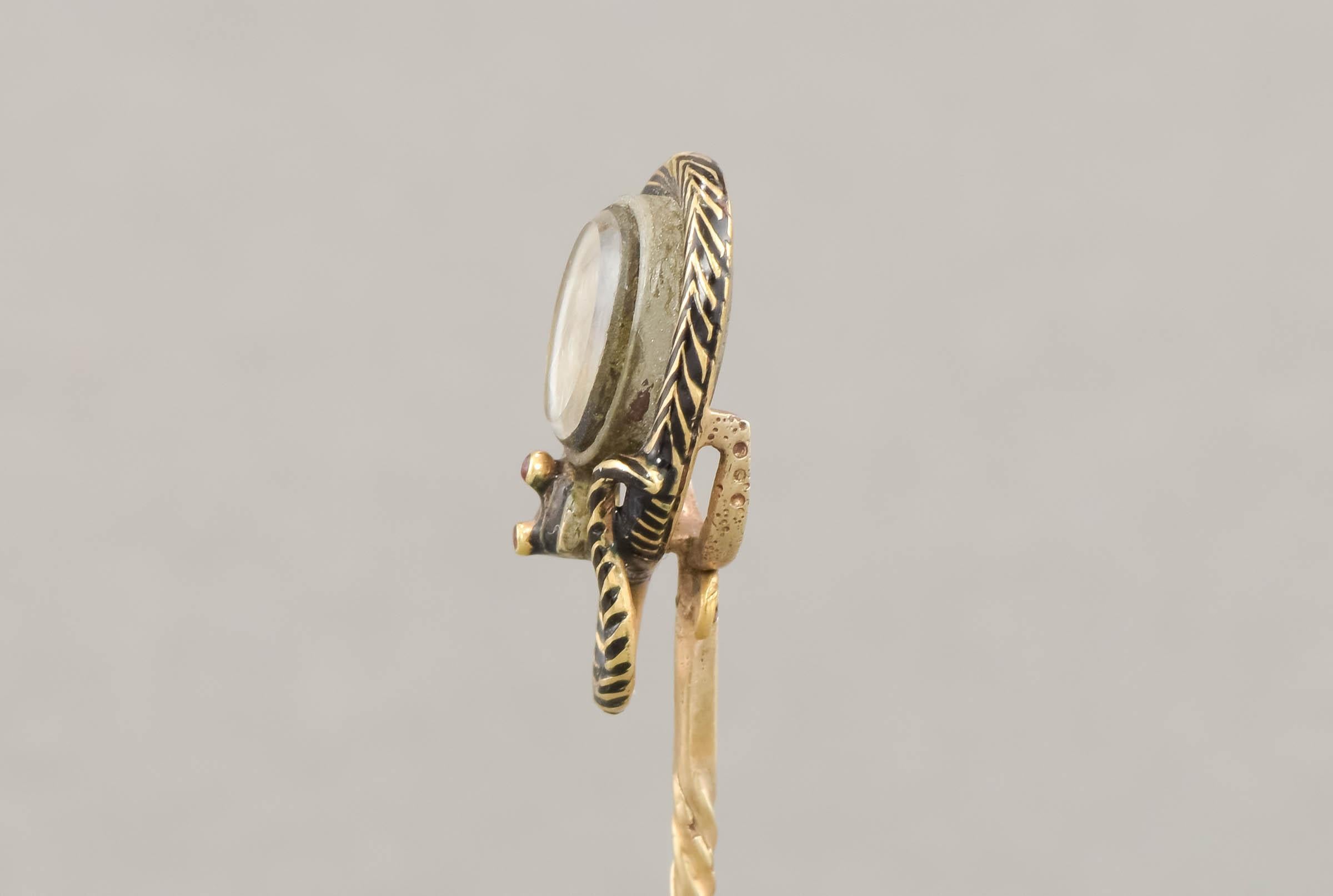Georgian Antique Enamel Snake Mourning Stick Pin with Hair Locket, Inscribed 1852 For Sale