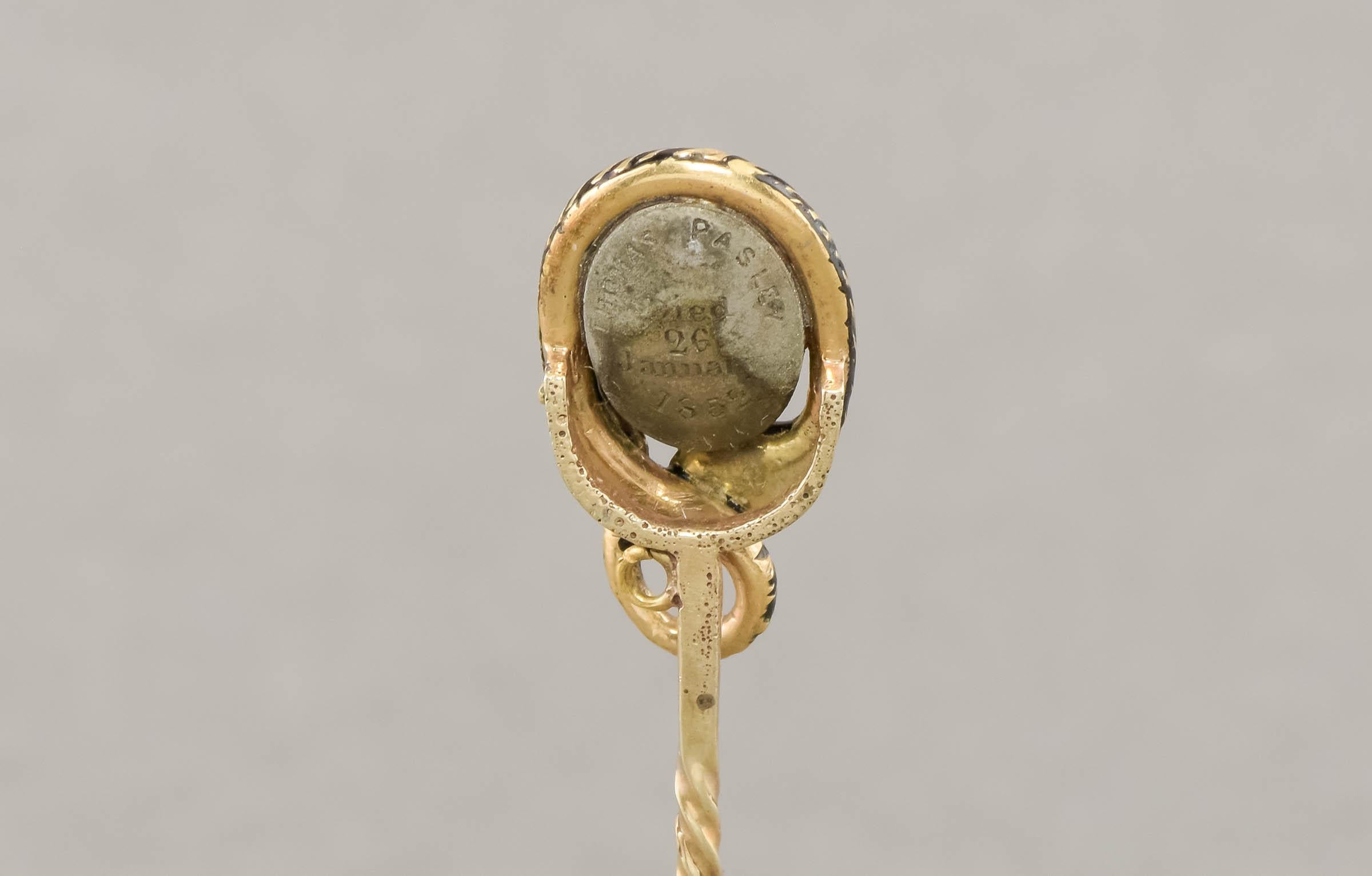Antike Emaille-Schlangen-Mourning Stick-Anstecknadel mit Haarschloss, beschriftet 1852 im Angebot 2