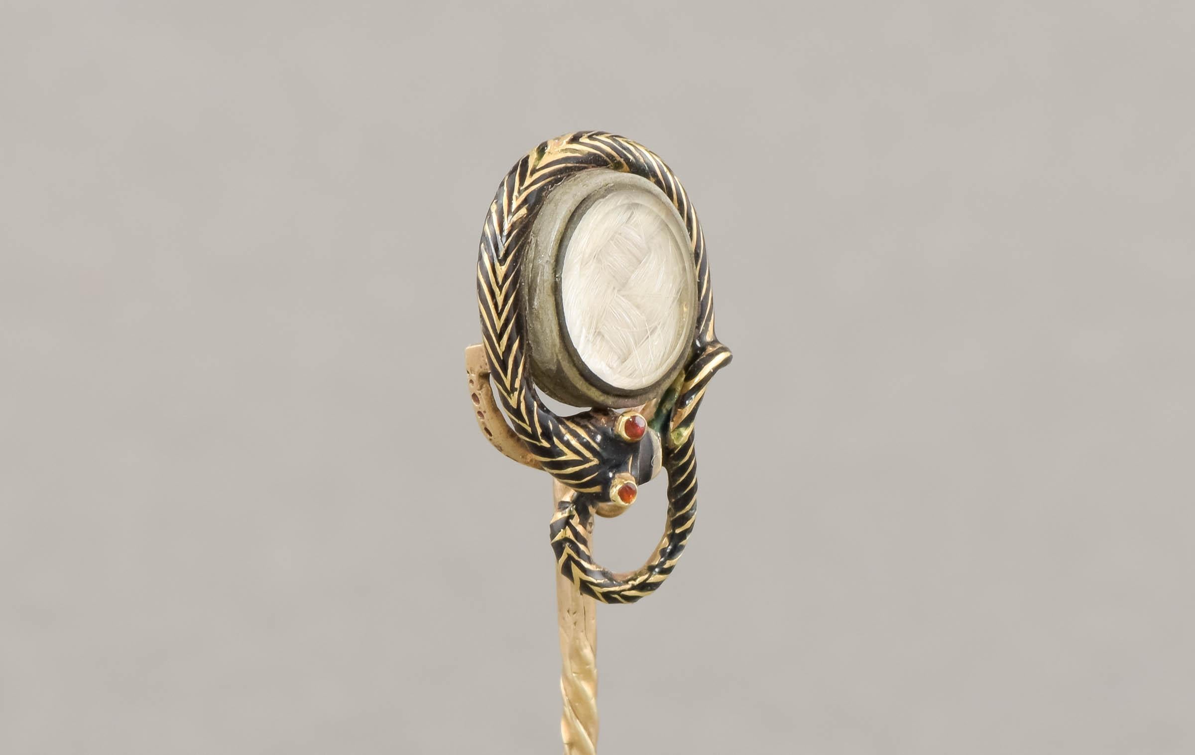 Antique Enamel Snake Mourning Stick Pin with Hair Locket, Inscribed 1852 For Sale 1