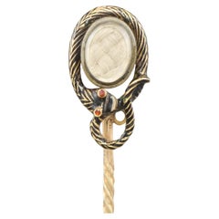 Antike Emaille-Schlangen-Mourning Stick-Anstecknadel mit Haarschloss, beschriftet 1852