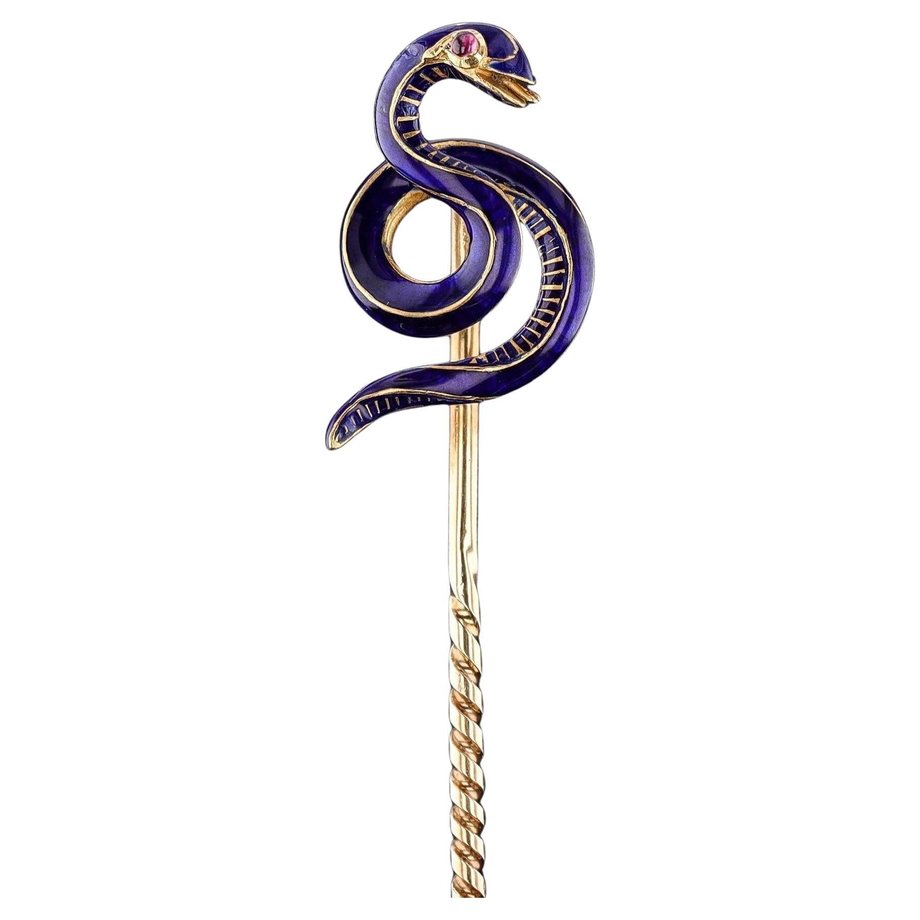 Antique Enamel Snake Stickpin of 18k Gold