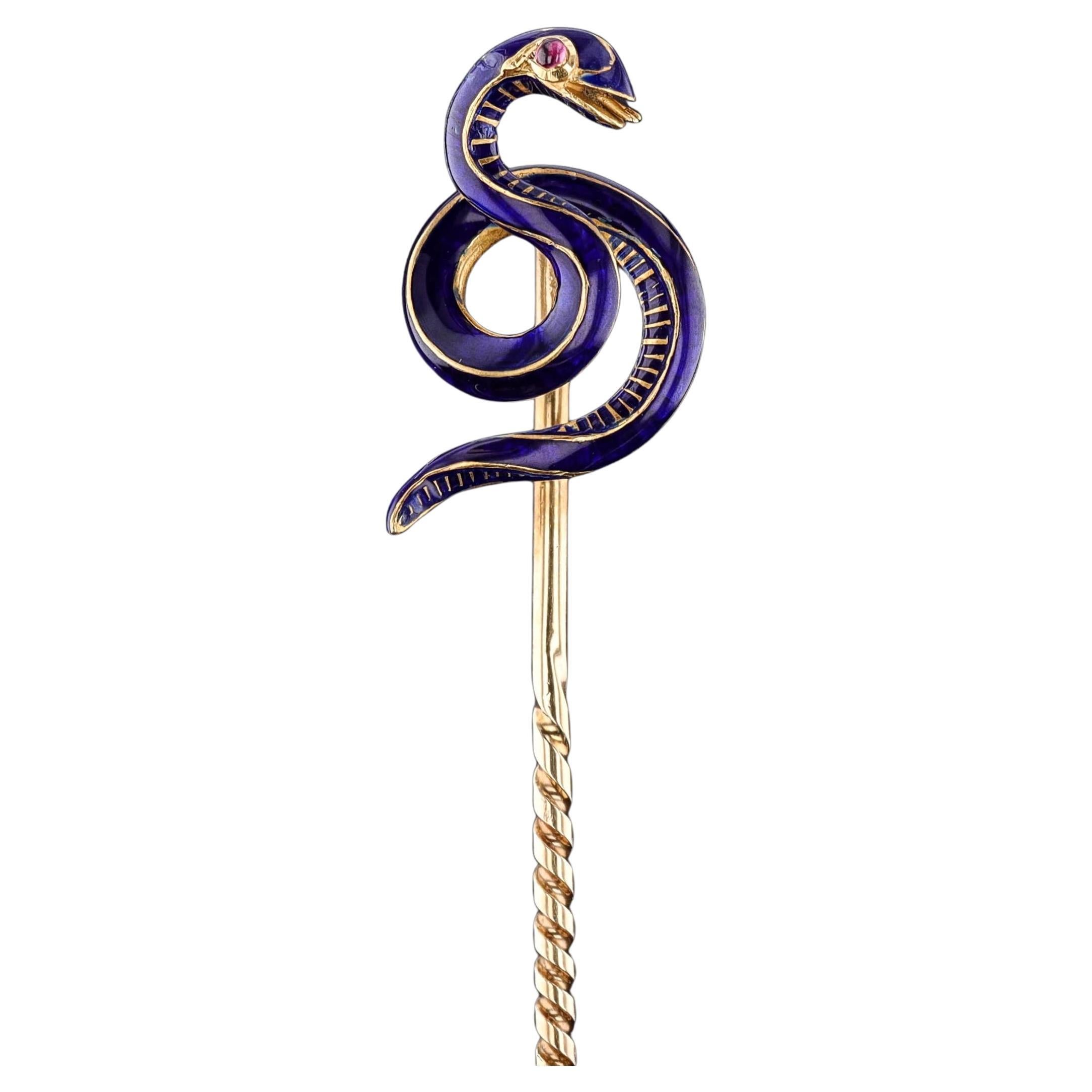 Antique Enamel Snake Stickpin of 18k Gold